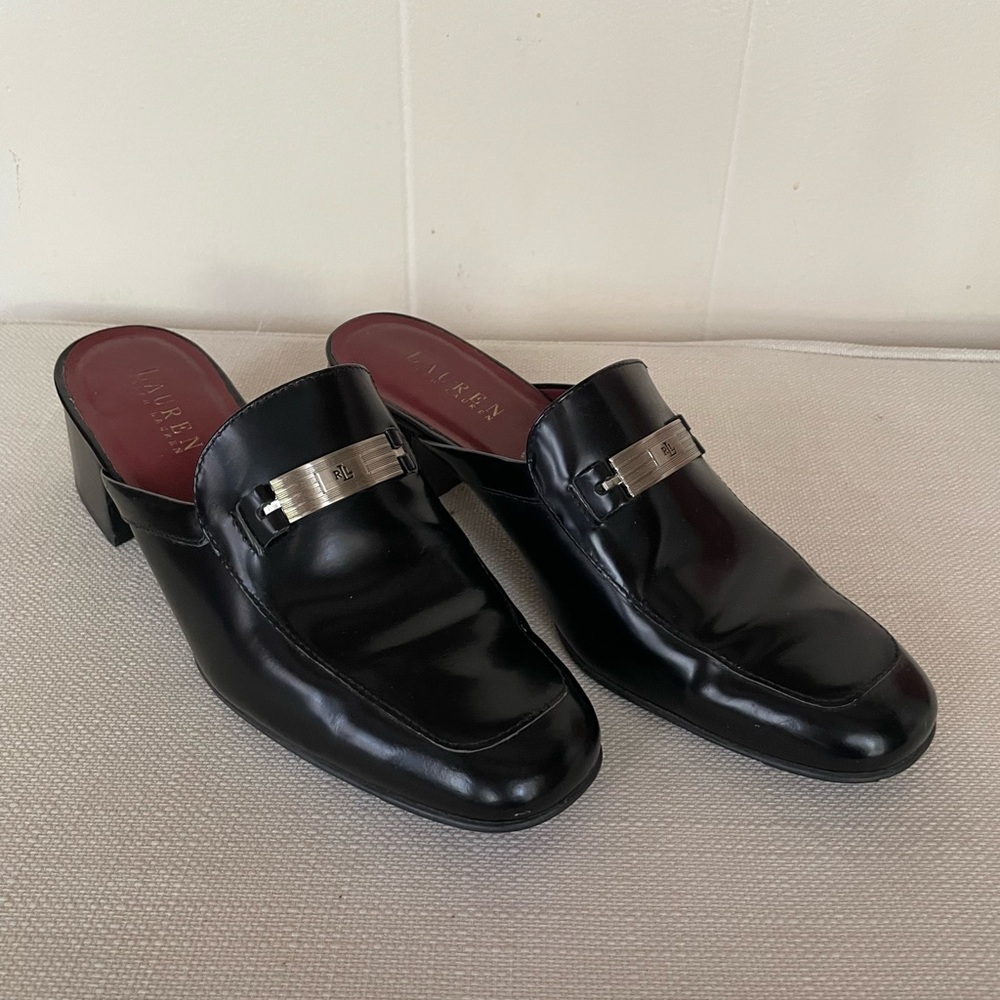 Ralph Lauren Black Leather Mule Heels with Silver Hardware